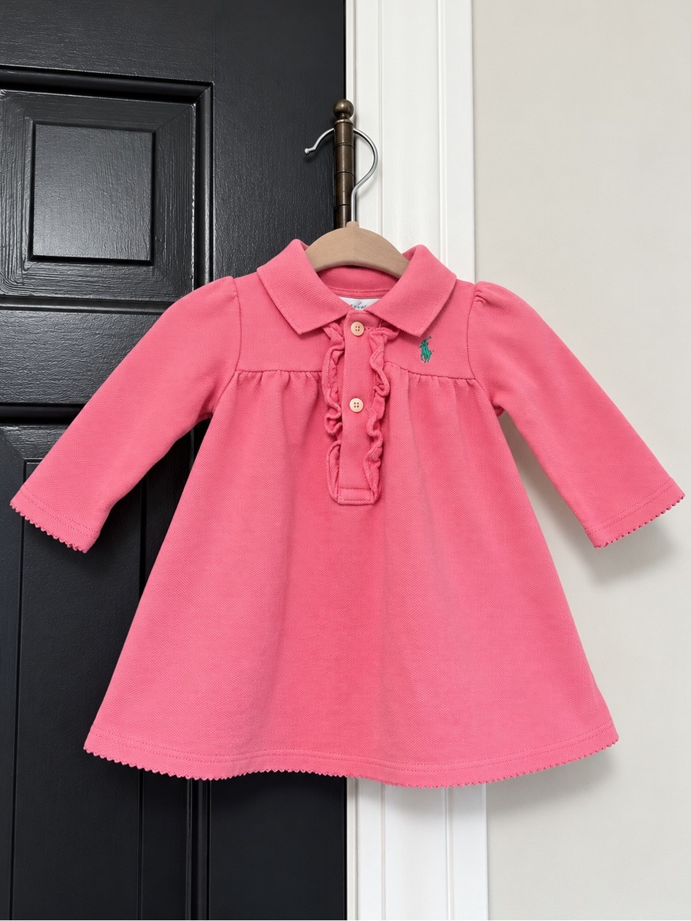 Ralph Lauren Baby Girls 3M Pink Ruffle Polo Dress Long Sleeve Pony Logo